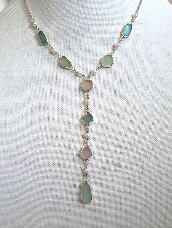 Beach Sea Glass AAA Pearls Sterling Silver Lariat Necklace