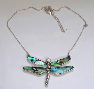 NZ Paua Abalone Sterling Silver Dragonfly Necklace Large