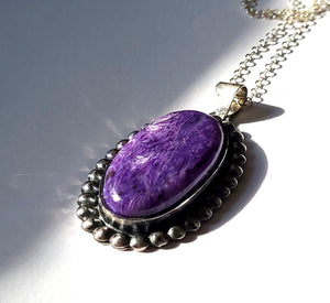 Large Charoite Sterling Silver Pendant Necklace With Chain JILLIAN VO ~ USA MADE