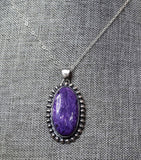 Large Charoite Sterling Silver Pendant Necklace With Chain JILLIAN VO ~ USA MADE