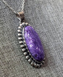 Large Charoite Sterling Silver Pendant Necklace With Chain JILLIAN VO ~ USA MADE