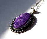 Large Charoite Sterling Silver Pendant Necklace With Chain JILLIAN VO ~ USA MADE