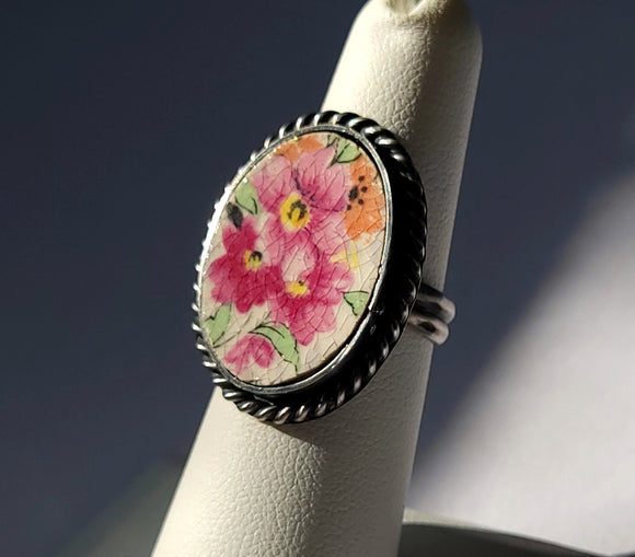 Coquette Sterling Silver Cameo Ring 6 Antique Lord Nelson Marina Chintz